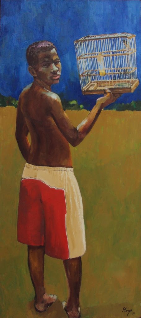 "Menino com Passarinho na Gaiola" por Roberto Ploeg - Óleo sobre tela 145x64, 2010. Fonte: http://robertoploeg.blogspot.com